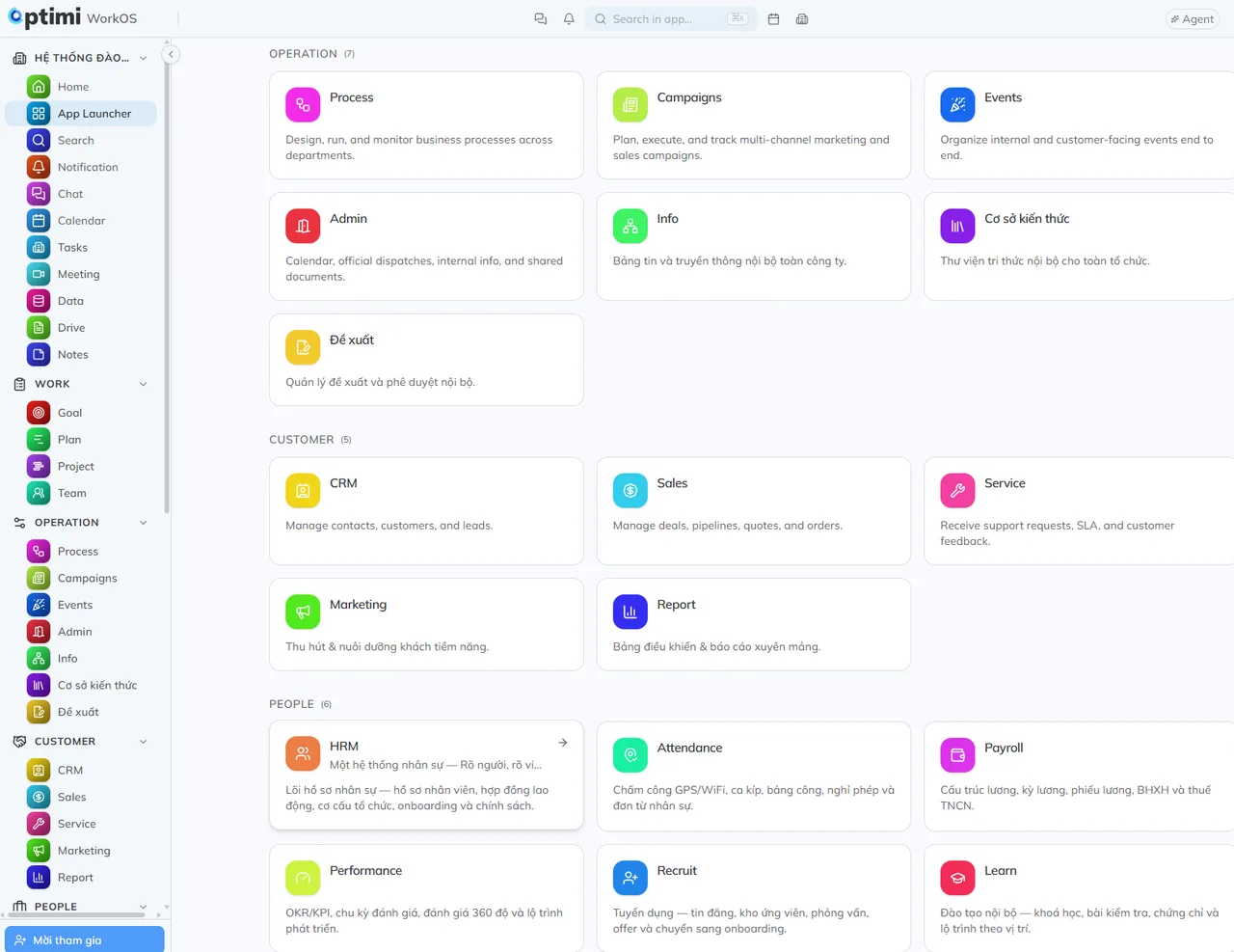 Màn hình App Launcher của Optimi WorkOS — các ứng dụng quản lý vận hành, khách hàng và nhân sự
