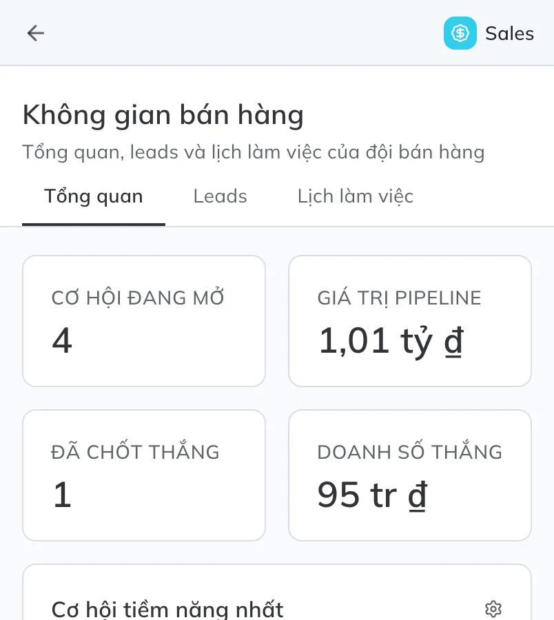 Không gian bán hàng của Optimi Customer trên điện thoại — cơ hội đang mở, giá trị pipeline 1,01 tỷ đồng, số đã chốt thắng và doanh số tháng