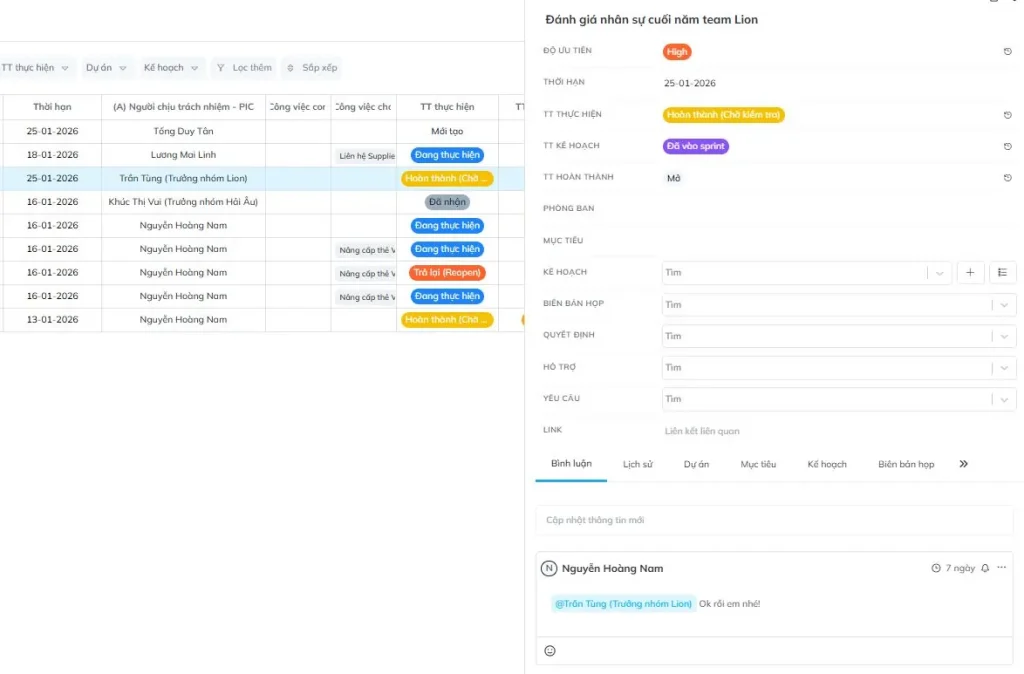 phê duyệt trực tiếp trên từng task
